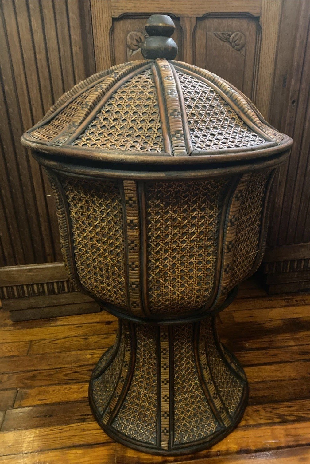 Chinese Tinalik Basket Storage Container Intricate Woven Rattan 31″ T 17″ D