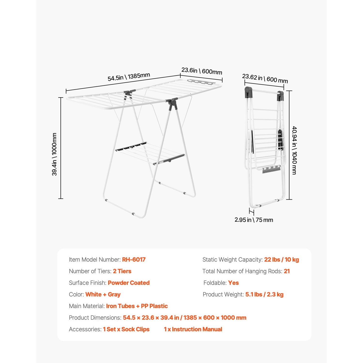 KFFKFF Foldable 2-Tier Clothes Drying Rack, Laundry Rack with Adjustable Height