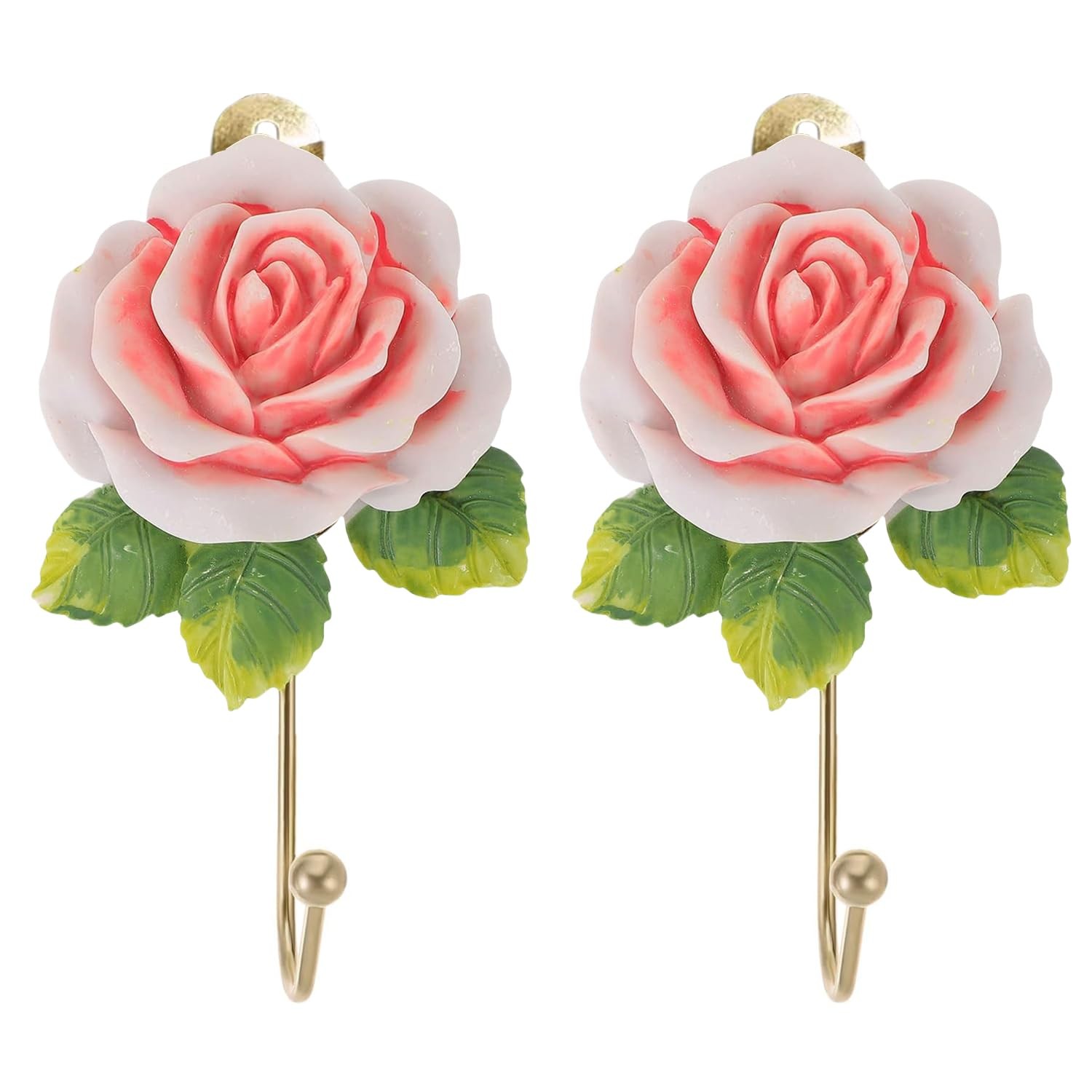 2 Pcs Pink Rose Decorative Wall Hooks Fancy Resin Flower Towel & Key Hooks Metal