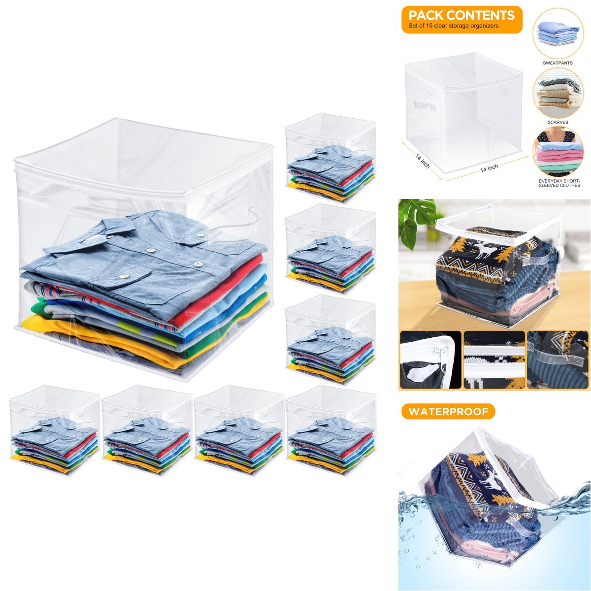 Newwiee 15 Pcs Clear Cube Storage Bins 14 X 14 X 14 Inch Plastic Zippered Cube