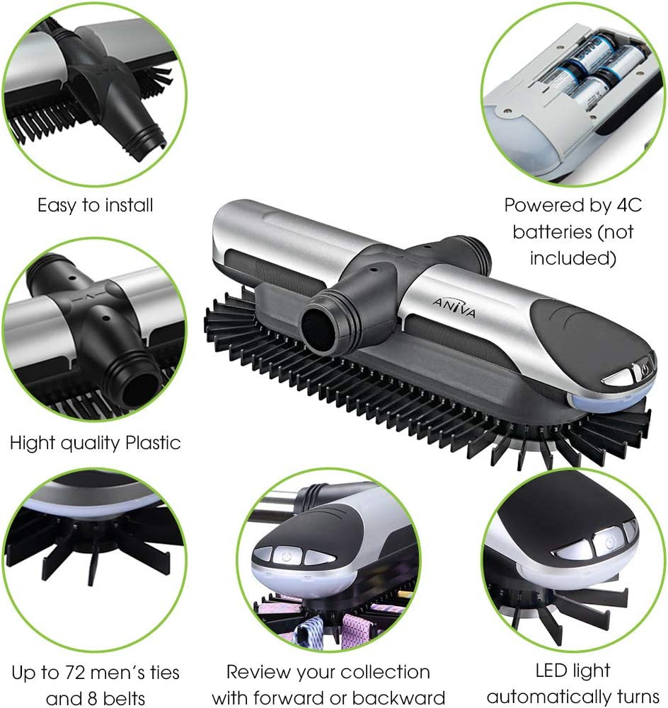 Motorized Tie Rack Closet Organizer with LED Lights Includes J Hooks for Wired S
