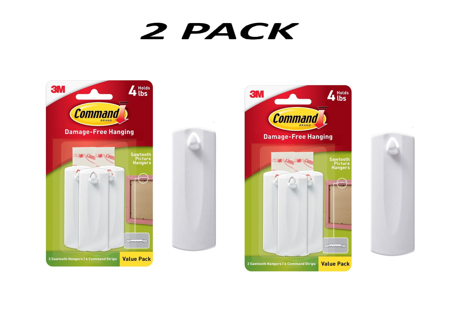 (2 Pack) Command Picture Hanger Sawtooth 4 lb White 3 Hangers 6 Strips Set.