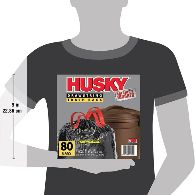 3 packs Husky Large Trash Bags, 30 Gallon, 80 Black Bags (Unscented, 20% PCR)