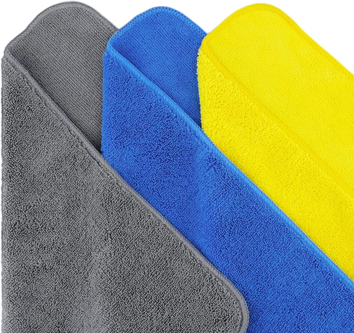 POLYTE Premium Microfiber Cleaning Towel,16×16 in 24 Pack (Blue,Gray,Yellow)