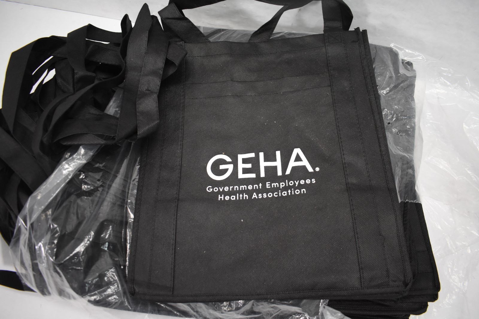Lot of 25 Shopping Tote Bags BRANDED Black 2 Carry Handles w Bottom Insert