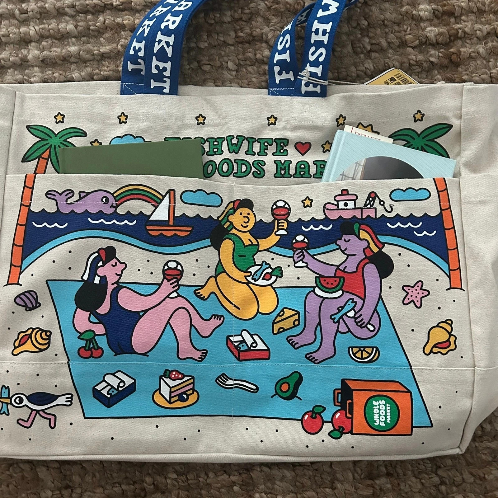 Whole Foods Market Fishwife Canvas Tote Beige/Blue Handles LARGE