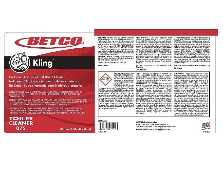Betco Kling Toilet Bowl Cleaner Mint-wintergreen Scent 32 Oz. 12/Carton 751200