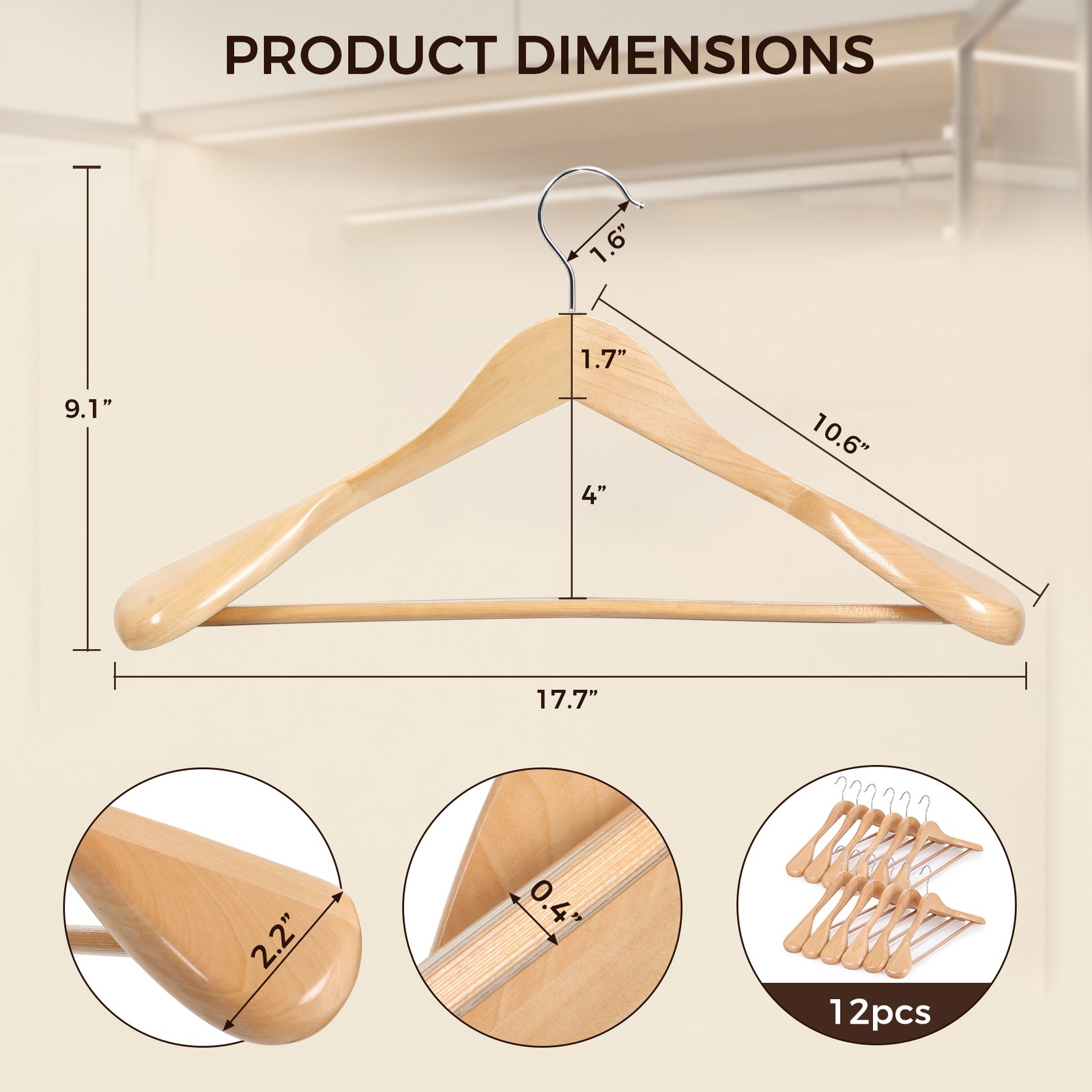 Premium Wooden Hangers 12 Pack Wide Shoulder Suit Coat Hanger w/ 360 Swivel Hook
