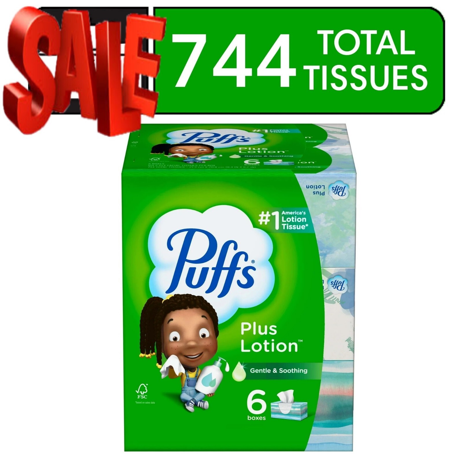 Puffs Plus Lotion Facial Tissue, 6 Family Size Boxes, 124 Tissues per Box