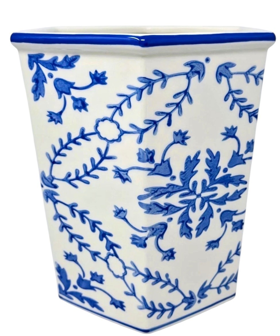 Pottery Barn Mark D. Sikes Clementine Bathroom Trash Can Stoneware Blue White