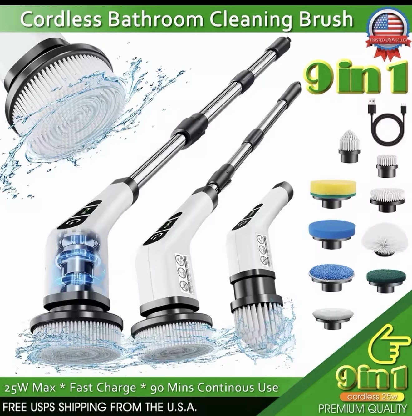 9-in-1 Electric Rotating Cleaning Brush Wireless Shower Scrubber Telescopic Hand