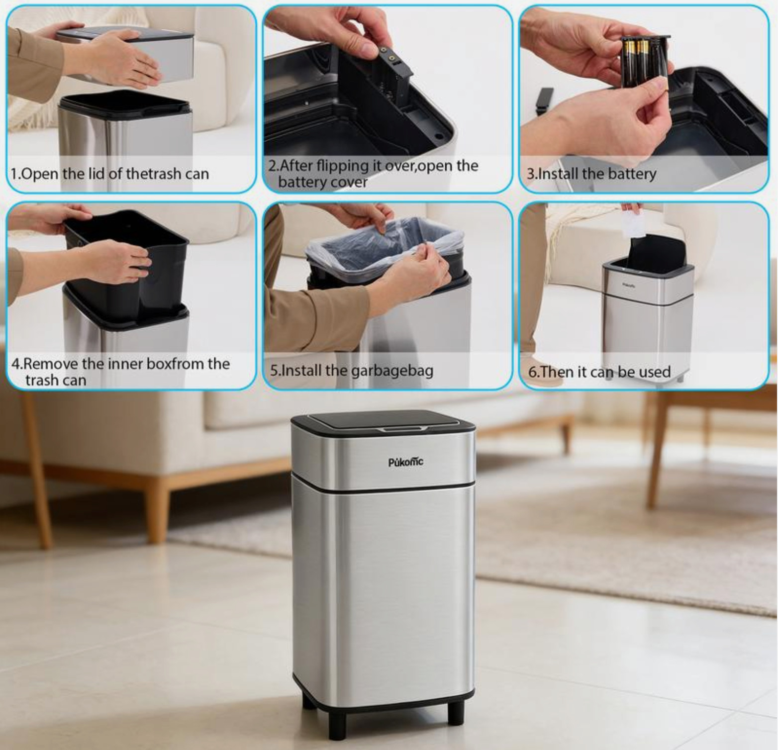 Pukomc Stainless Steel Induction Trash Can 10L 2.7 Gal