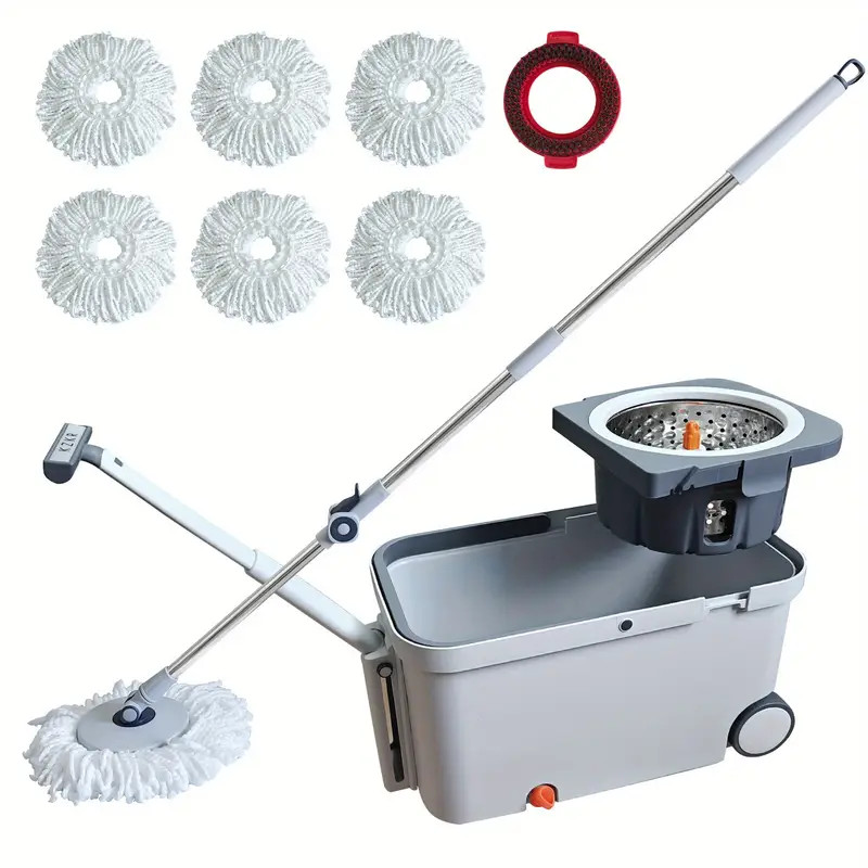 60″ Mop and Bucket Wringer Set Household Cleaning w/6PCS Mop Pads+1 Scrub Brush