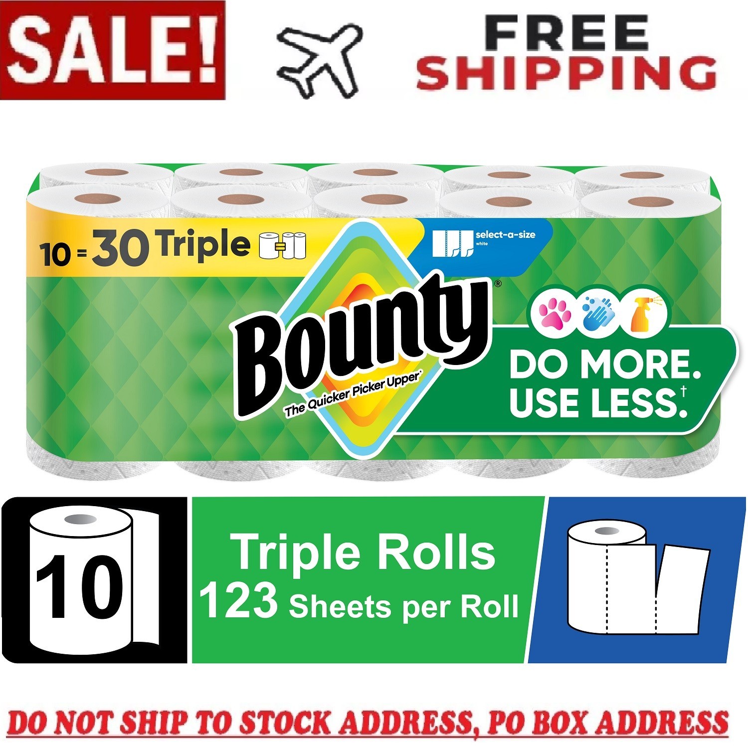 Bounty Paper Towels Select-A-Size White, 10 Triple Rolls, 123 Sheets Per Roll