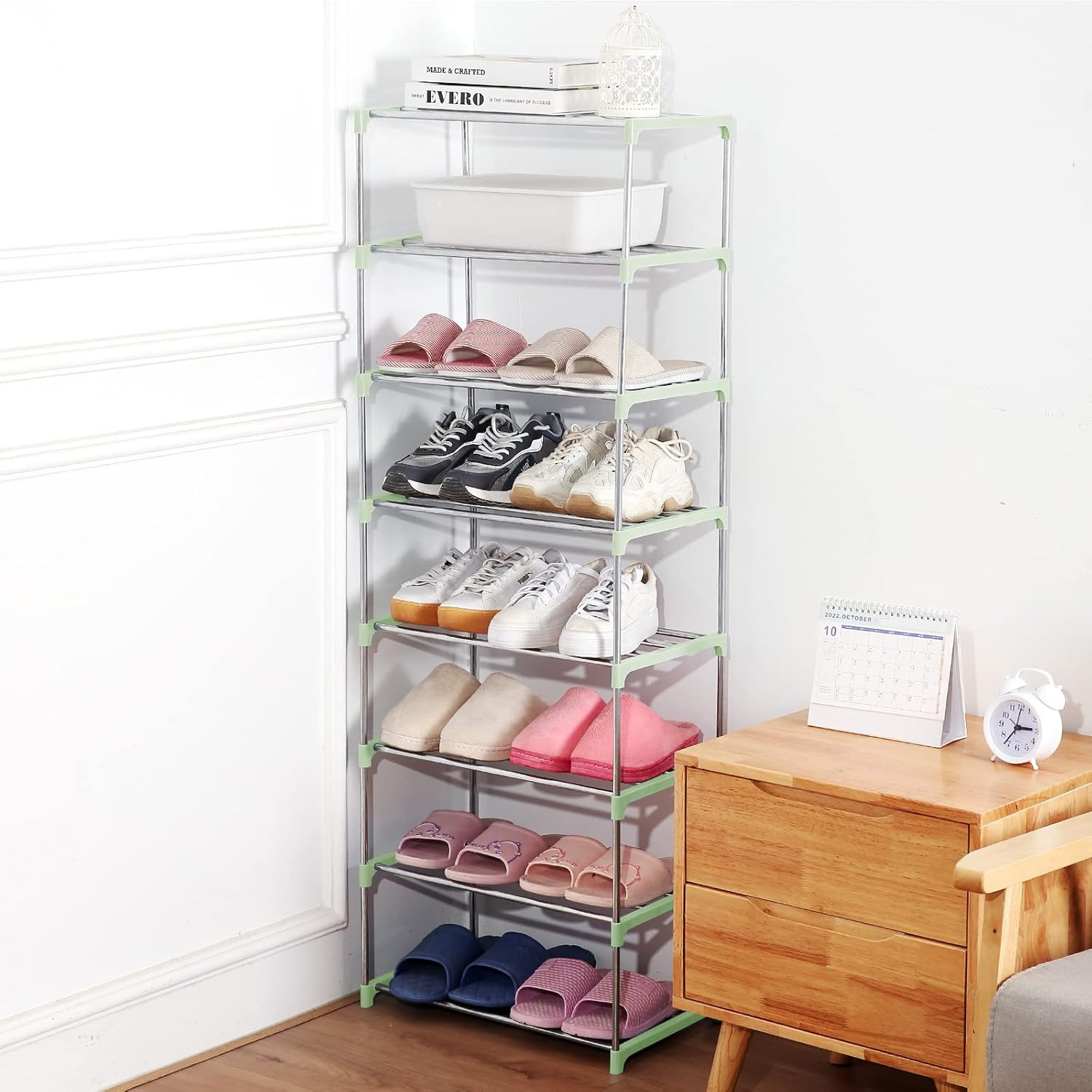 Small Shoe Rack, Narrow Stackable Shoe Shelf Organizer (3-Tier, Green) | [For En