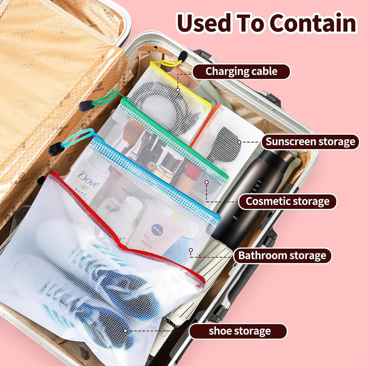 24Pcs Mesh Zipper Pouch Bags 8 Sizes Plastic Clear Pouches for Organization