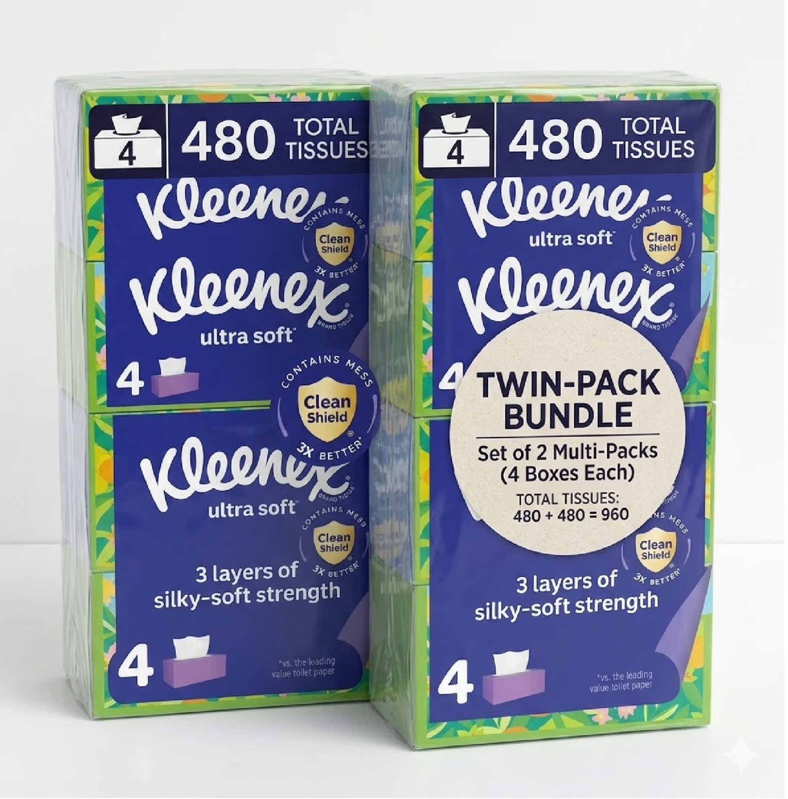 2pk Kleenex Ultra Soft Facial Tissues, 4 Flat Boxes, 120 Tissues per Box, 3-Ply