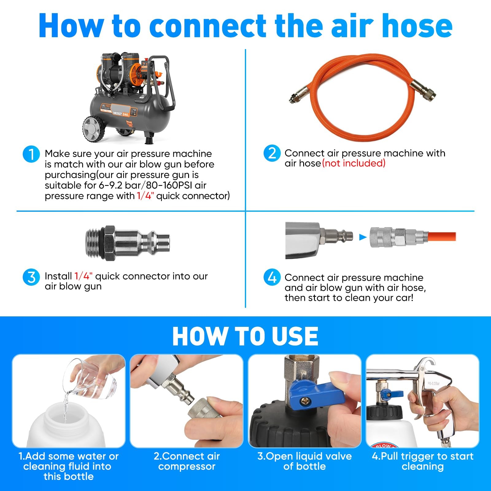 Aluminium Car Cleaning Gun Set with Tapered Nozzle, 6-9.2Bar High Pressure Ai…