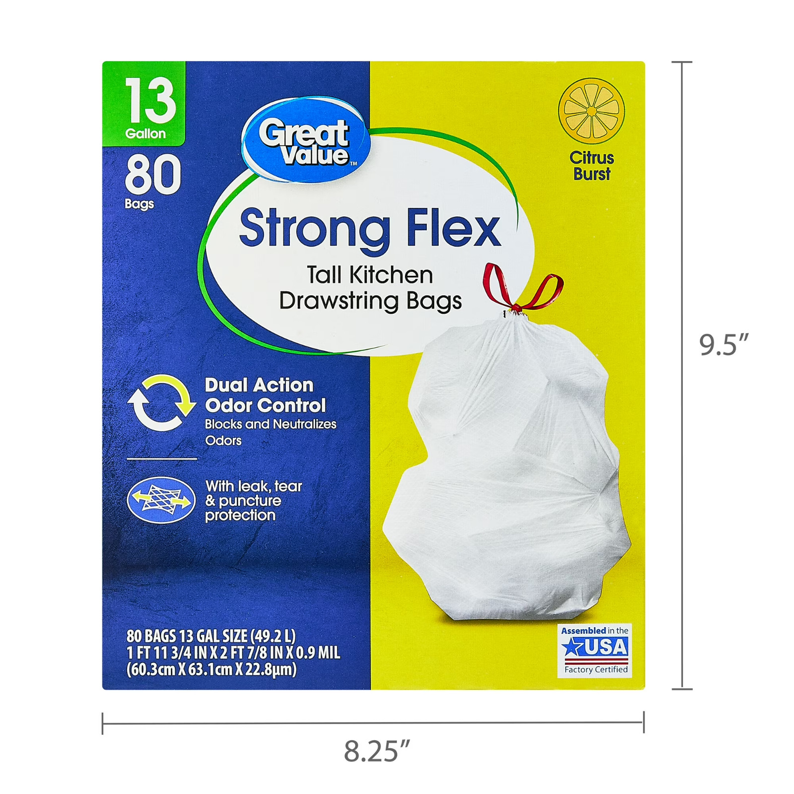 Great Value Strong Flex 13-Gallon Drawstring Tall Kitchen Trash Bags, Citrus Bur