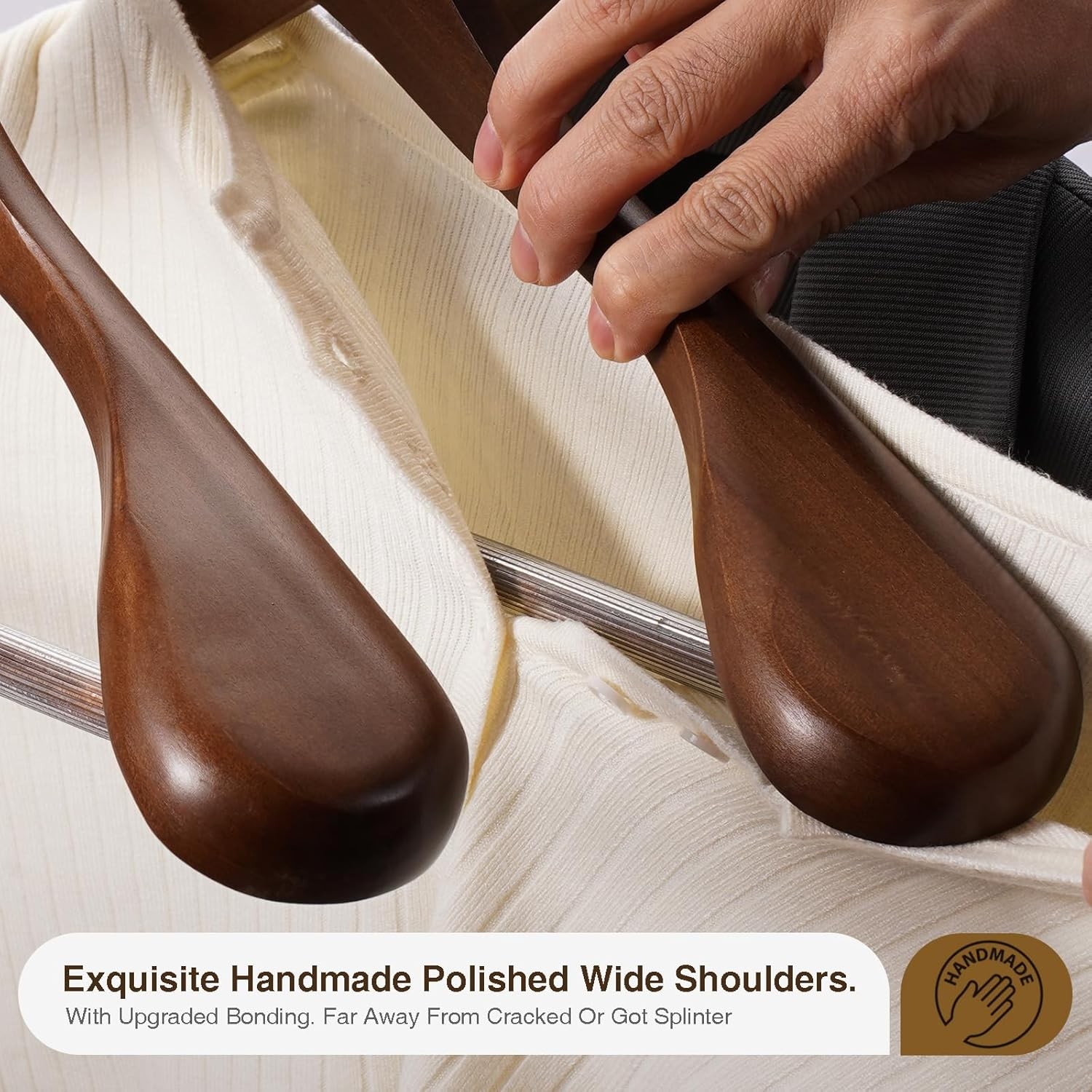 24/48Pcs Wide Shoulder Solid Wood Hangers w/ Non Slip Pants Bar Smooth Finish