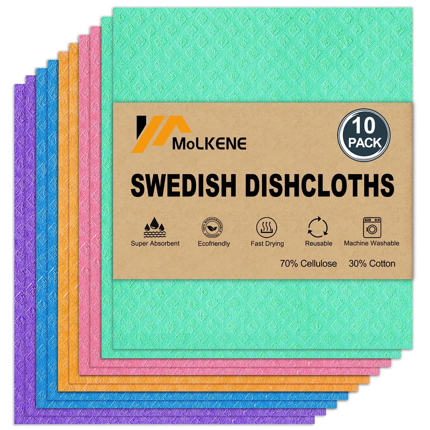 MoLKENE Swedish Dishcloths for Kitchen, 10 10 Pack, 10 Pack Assorted Colors