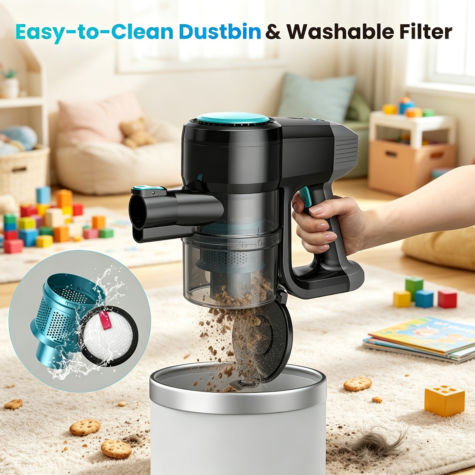 2200mAh POWEART N3 Cordless Vacuum Cleaner for home, Powerful LED Floor Brush Va