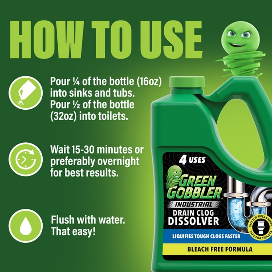 Green Gobbler Industrial Strength Drain Clog Remover & Cleaner Liquid Gel- 64oz