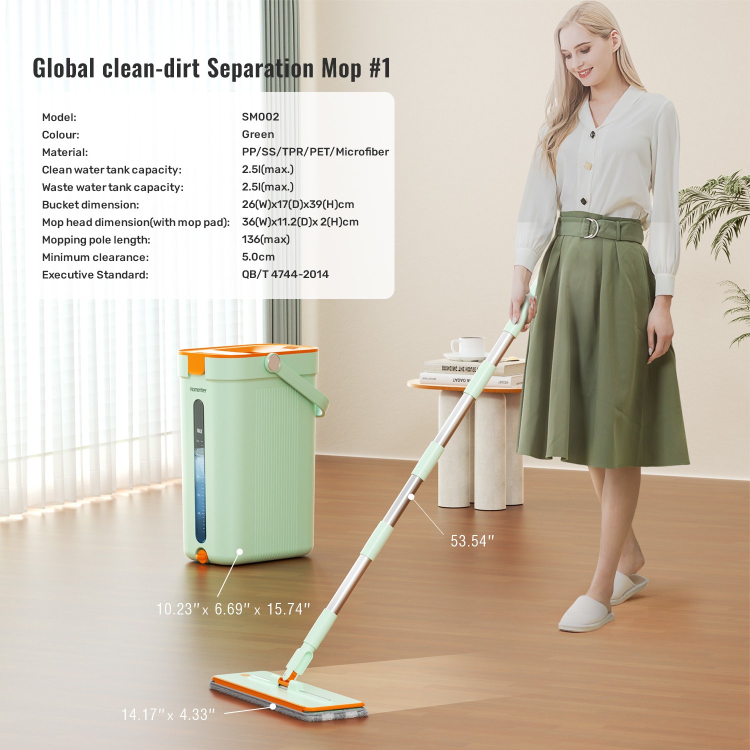 Hands Free Flat Mop and Bucket Set Floor Cleaning with 2pcs Microfiber Mop Pads