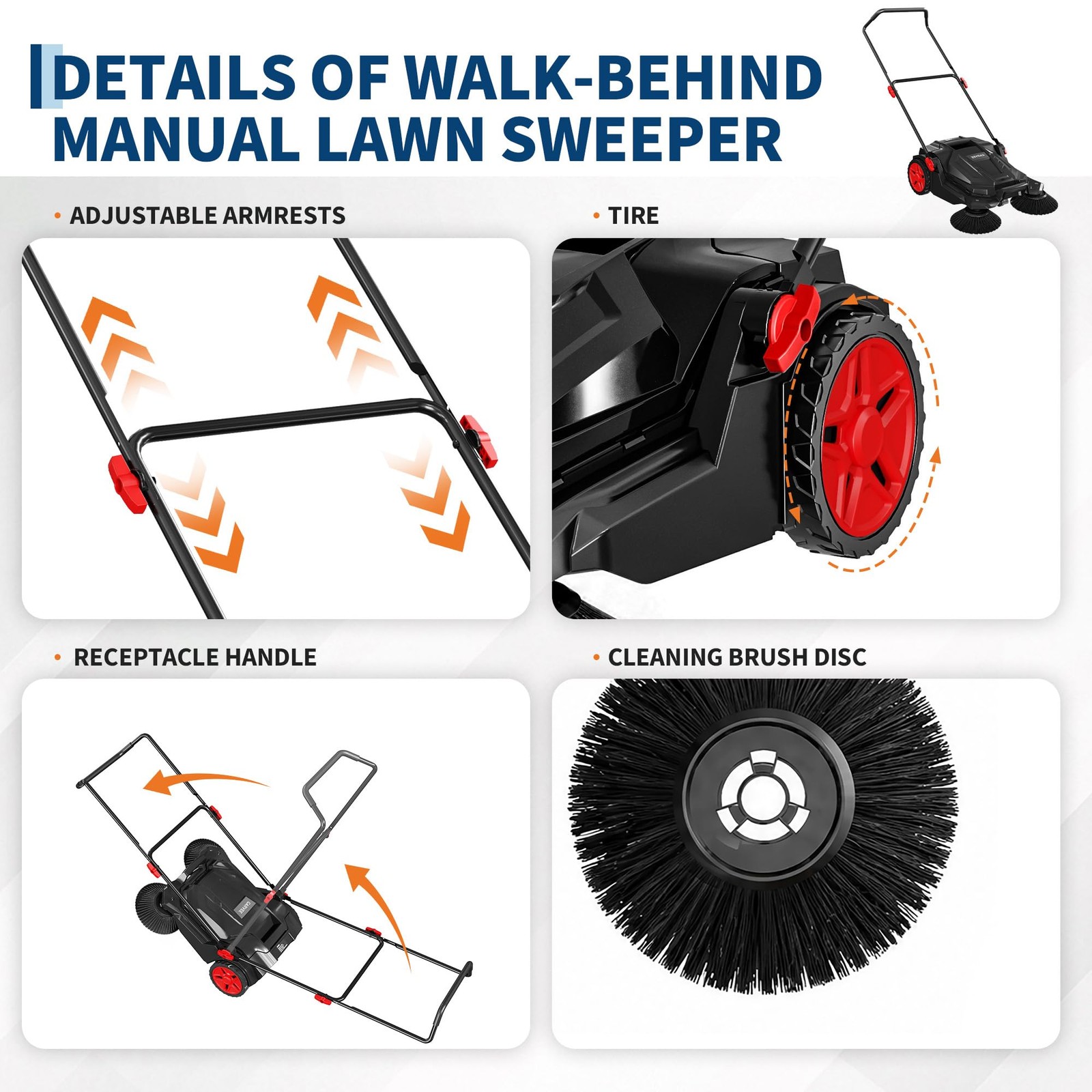 New Floor Sweeper Walk Behind Hand Push 25.6 Inch Width 5 Gal Waste Container