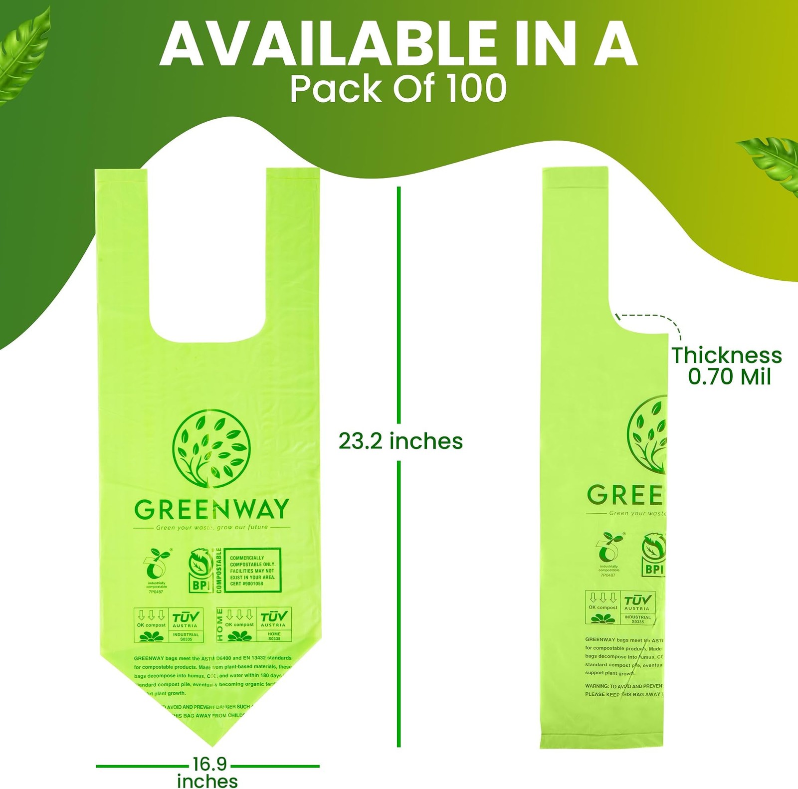 GREENWAY 3 Gallon Compostable trash Bags with Handles,100 Count, Extra Thick …