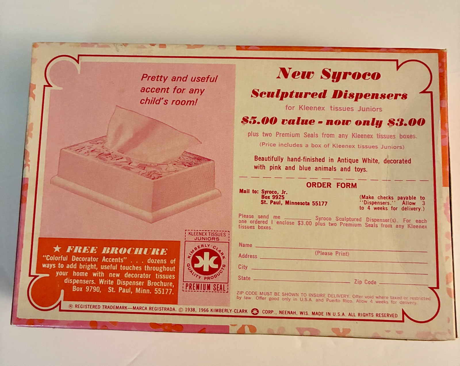 Vintage New 1966 Kleenex Tissues PINK JUNIORS Unopened Flower Retro Box