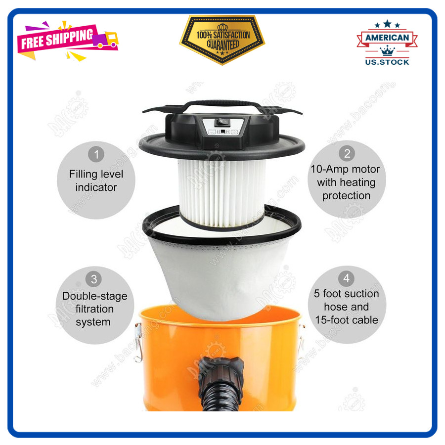 5.3-Gallon Ash Vacuum Cleaner with Double Stage Filtration System. Standard