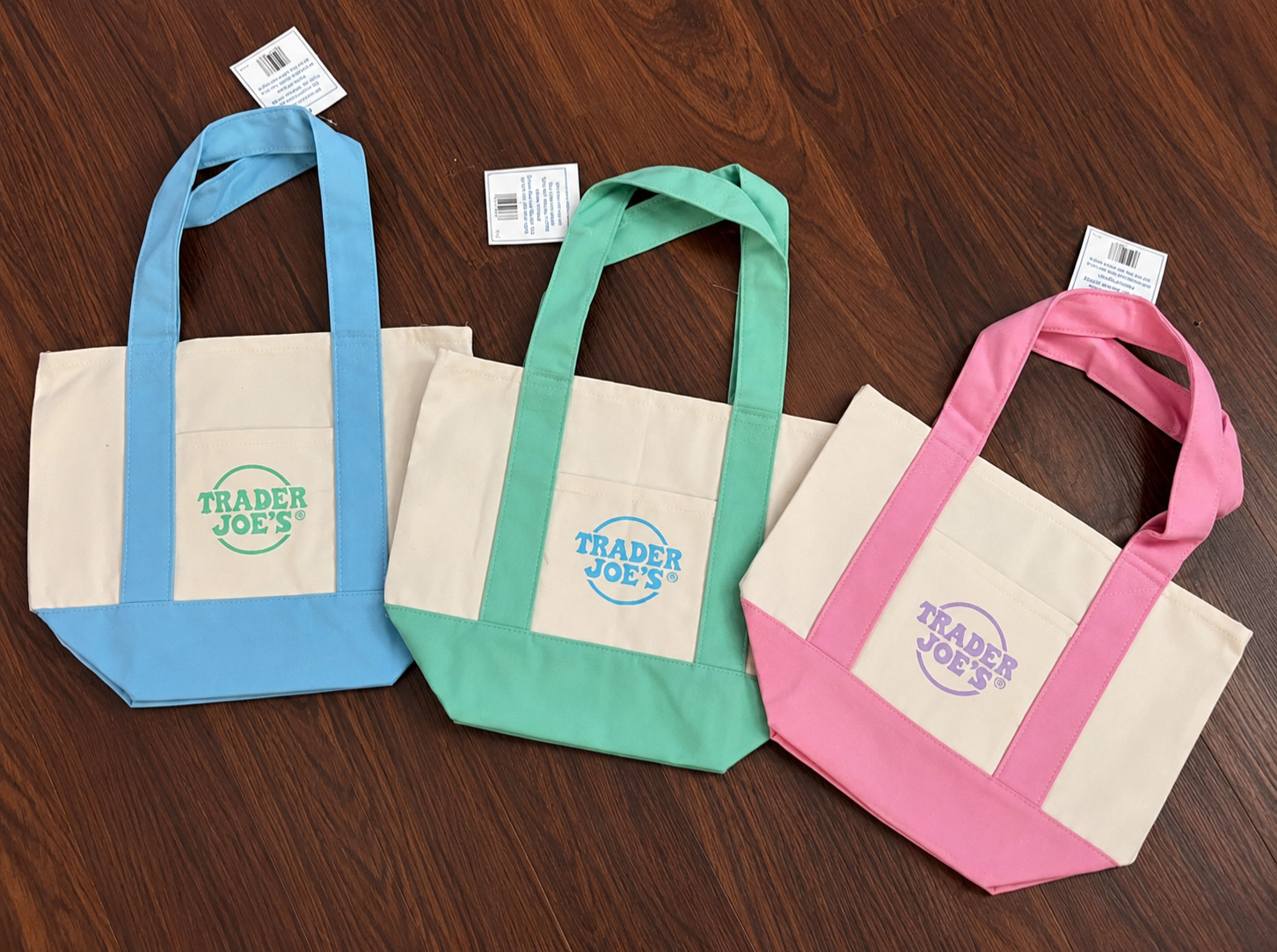 Trader Joe’s Mini Canvas Tote Bag Set of 3 NWT Pastel Pink Icy Blue Mint Green