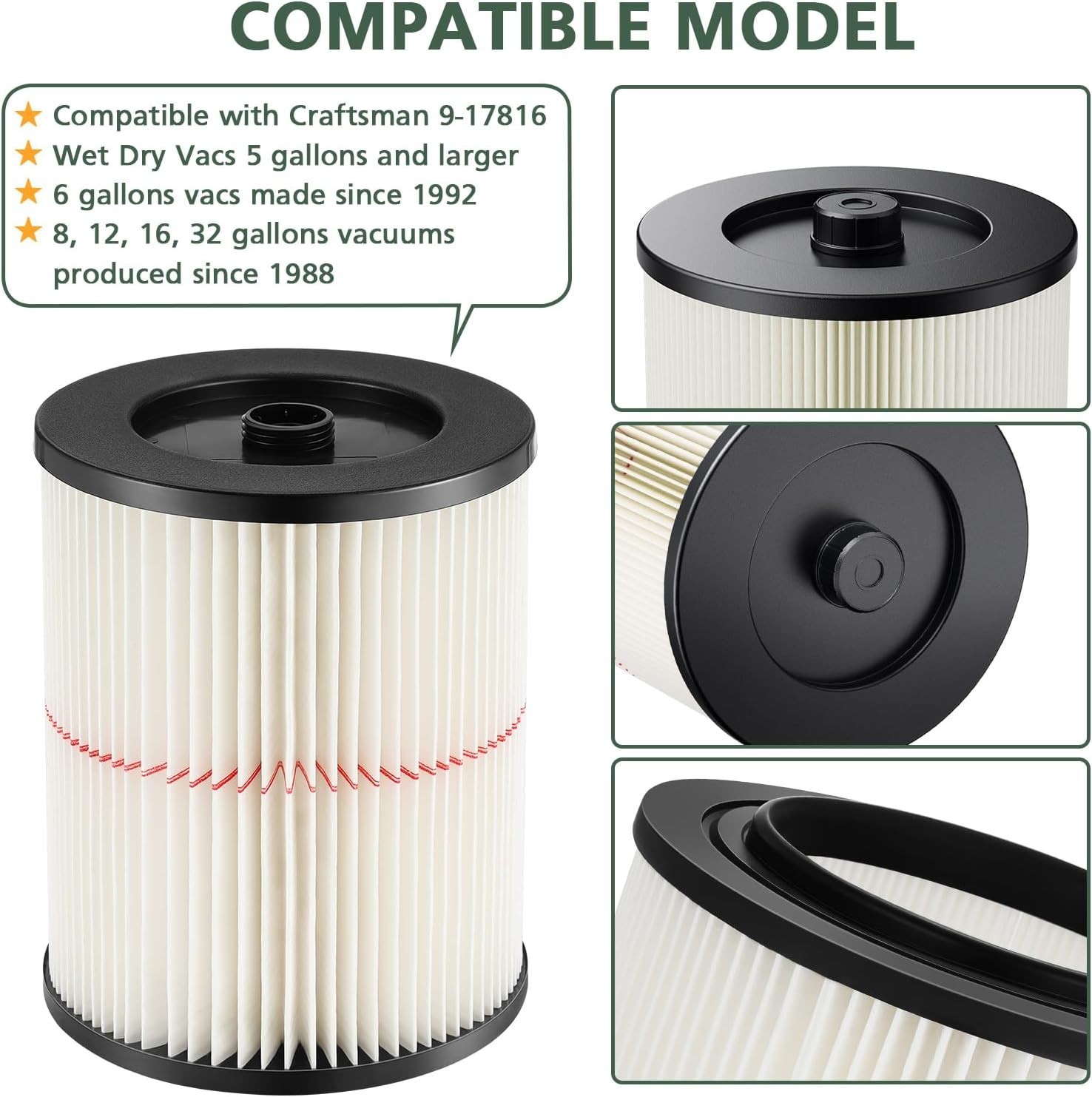 2PACK 9-17816 Replacement Cartridge Air Filter Wet Dry For Shop Vac Craftsman