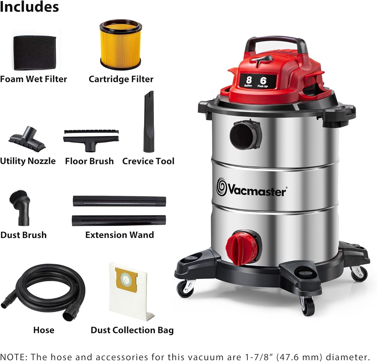 Vacmaster VOC812SF 1101 8-Gallon Premium Stainless Steel Wet/Dry Vacuum