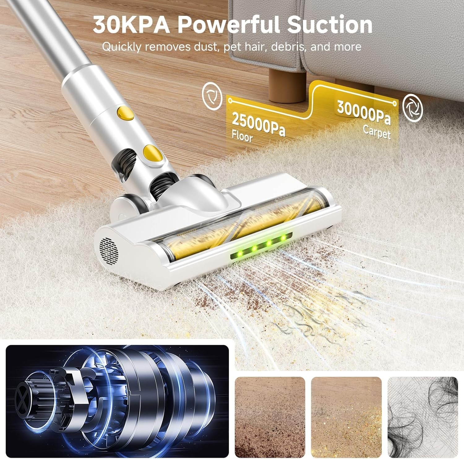 Vacuum Cleaner for Home,Vacuum with Rechargeable Battery, Green Light Yellow