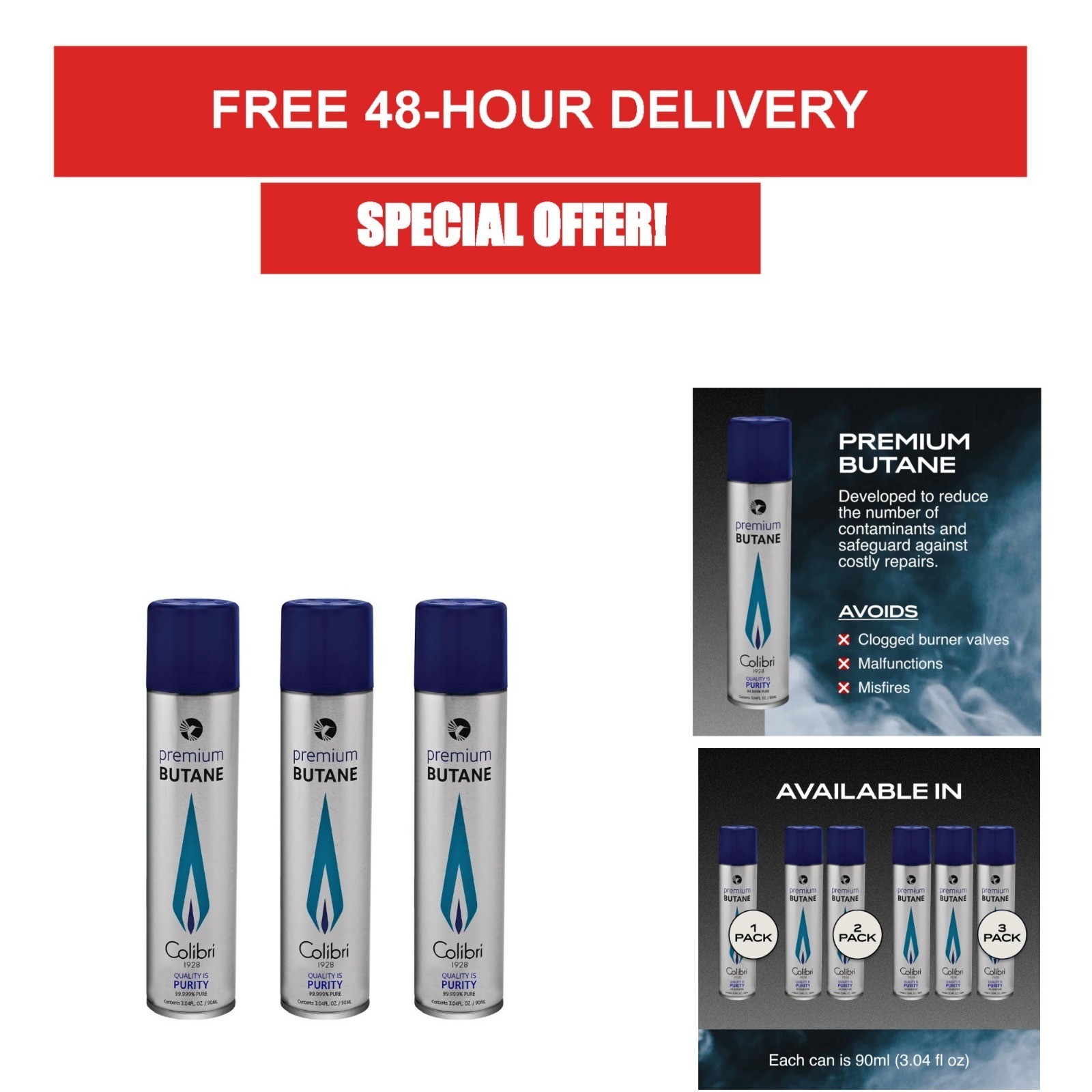 Colibri Premium Butane Fuel Refill 90ml Pack of 3 for Lighters