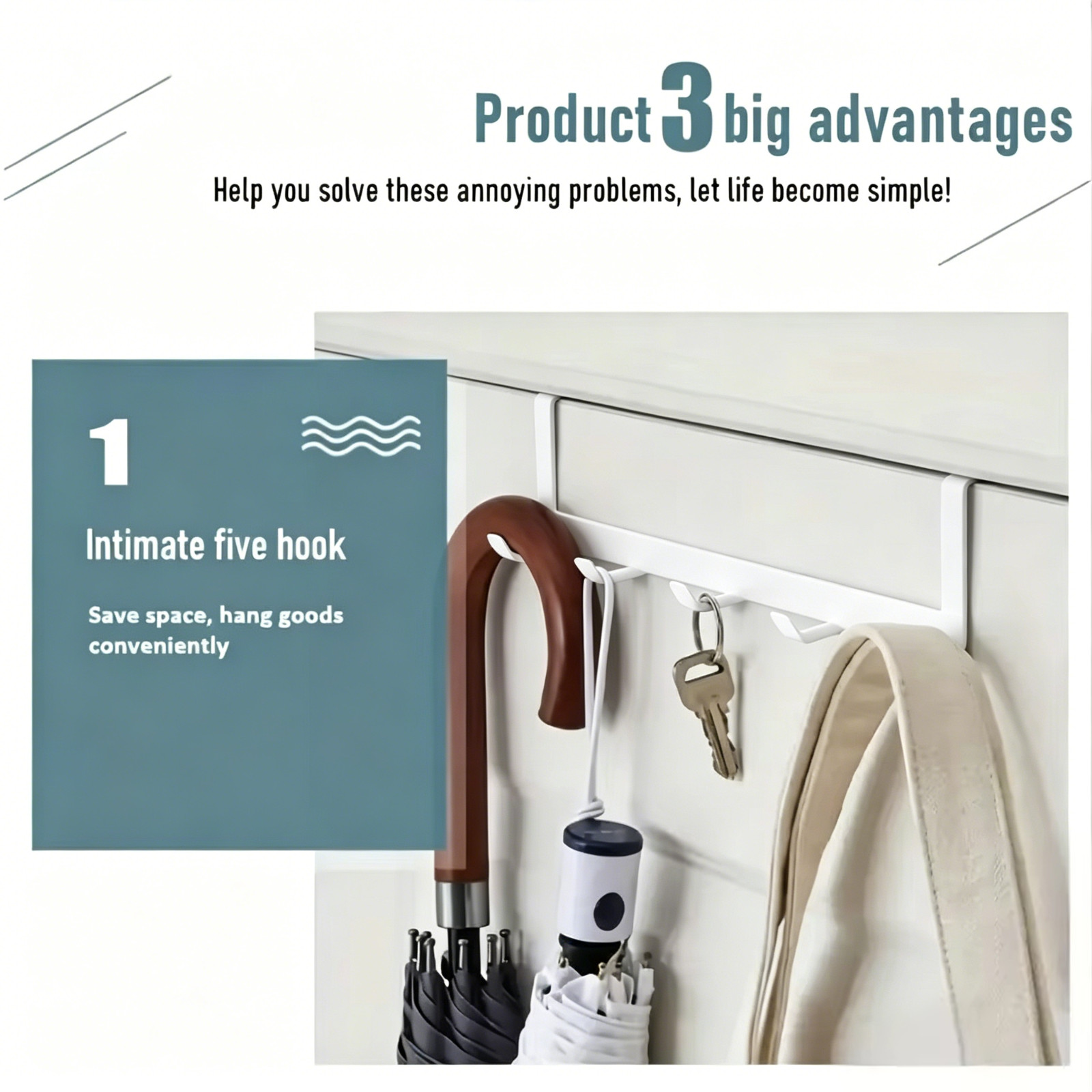 Heavy Duty Over Door Hook Rack 5 Hooks Adjustable Hanger for Coats Hats Towels