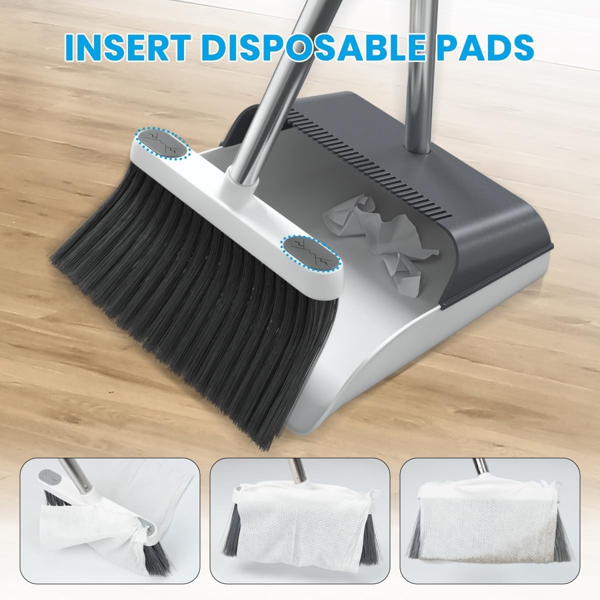 Stand Up Dustpan and Broom Set 50” Long Handle Broom with Dust Pan, 20° Angled