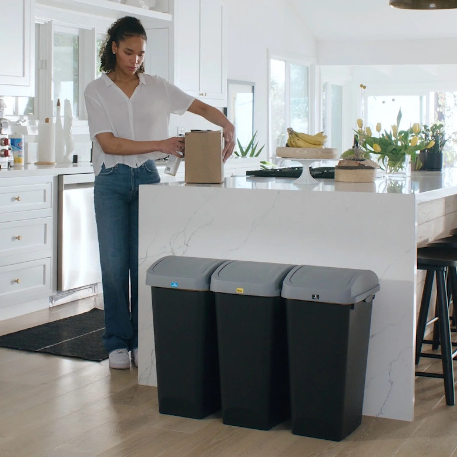 Glad Link & Sort 3-Piece Waste and Recycling Bin with Lid Set, 36 Gallon, Black
