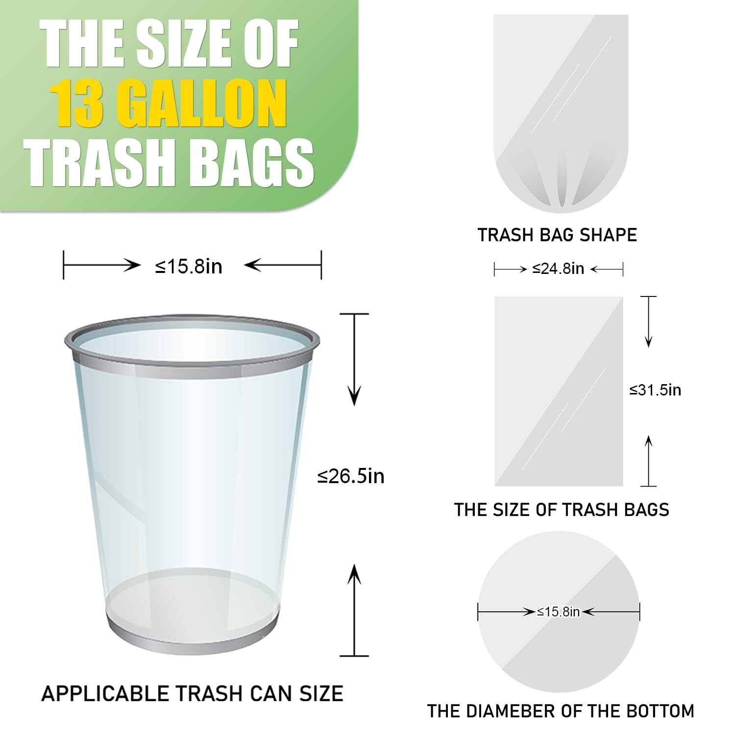 T.FORING 13 Gallon Tall Kitchen Trash Bags Unscented,1.1 Mil,Clear,110 Ct
