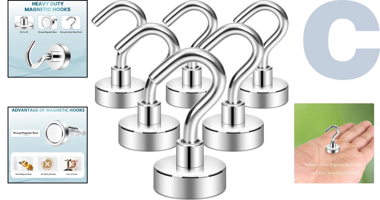 Ultra-Strong 6-Pack 30lb+ Magnetic Hooks with Rust-Free Finish for Versatile Use
