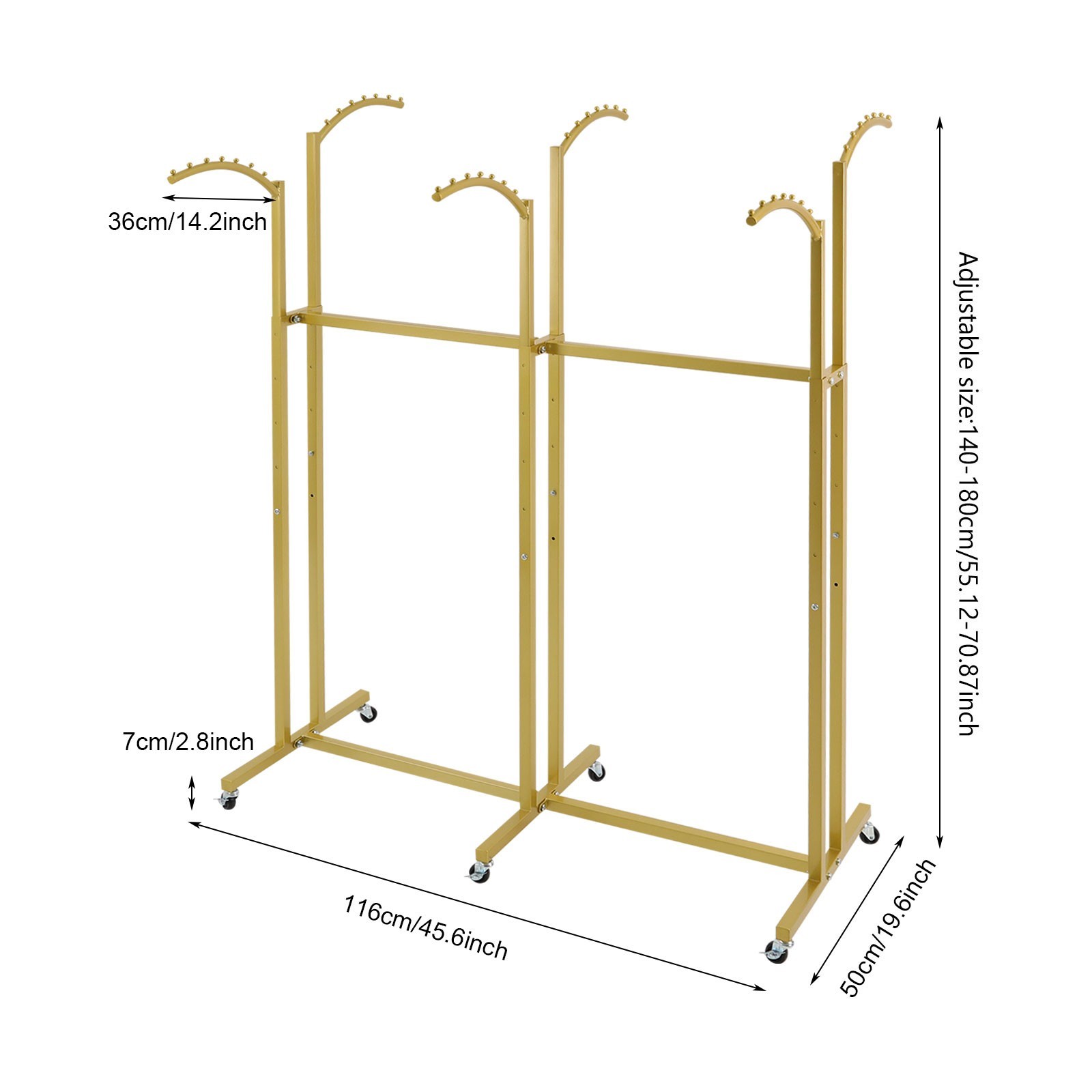 Gold 6 Arms Clothing Display Rack With Wheels, 55.12-70.87in Adjustable Height