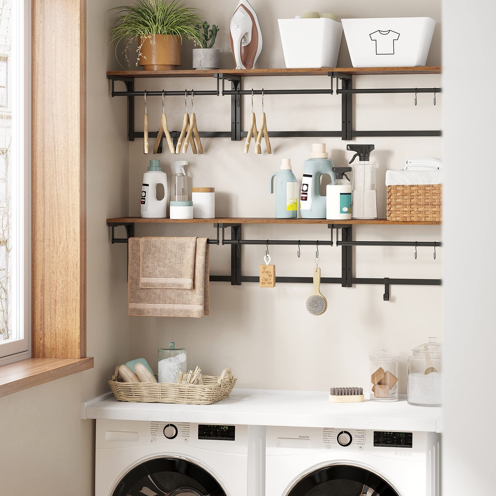 15.7×9.4×9.4 Inch Rustic Brown Wall Mounted Coat Rack Shelf With 8 Hooks