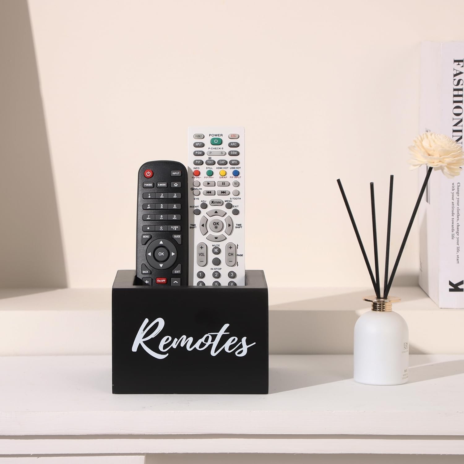 Black Wooden TV Remote Control Holder Desk Table Storage Organizer Caddy Box