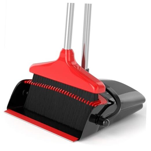 Broom with Dustpan Combo Set 54″ Long Handle Adjustable Length Black and Red