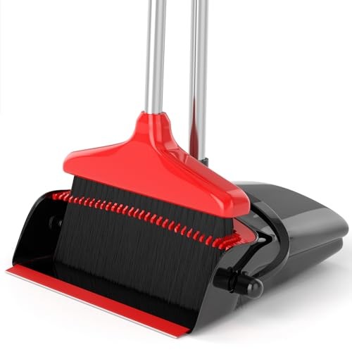 Broom with Dustpan Combo Set 54″ Long Handle Adjustable Length Black and Red