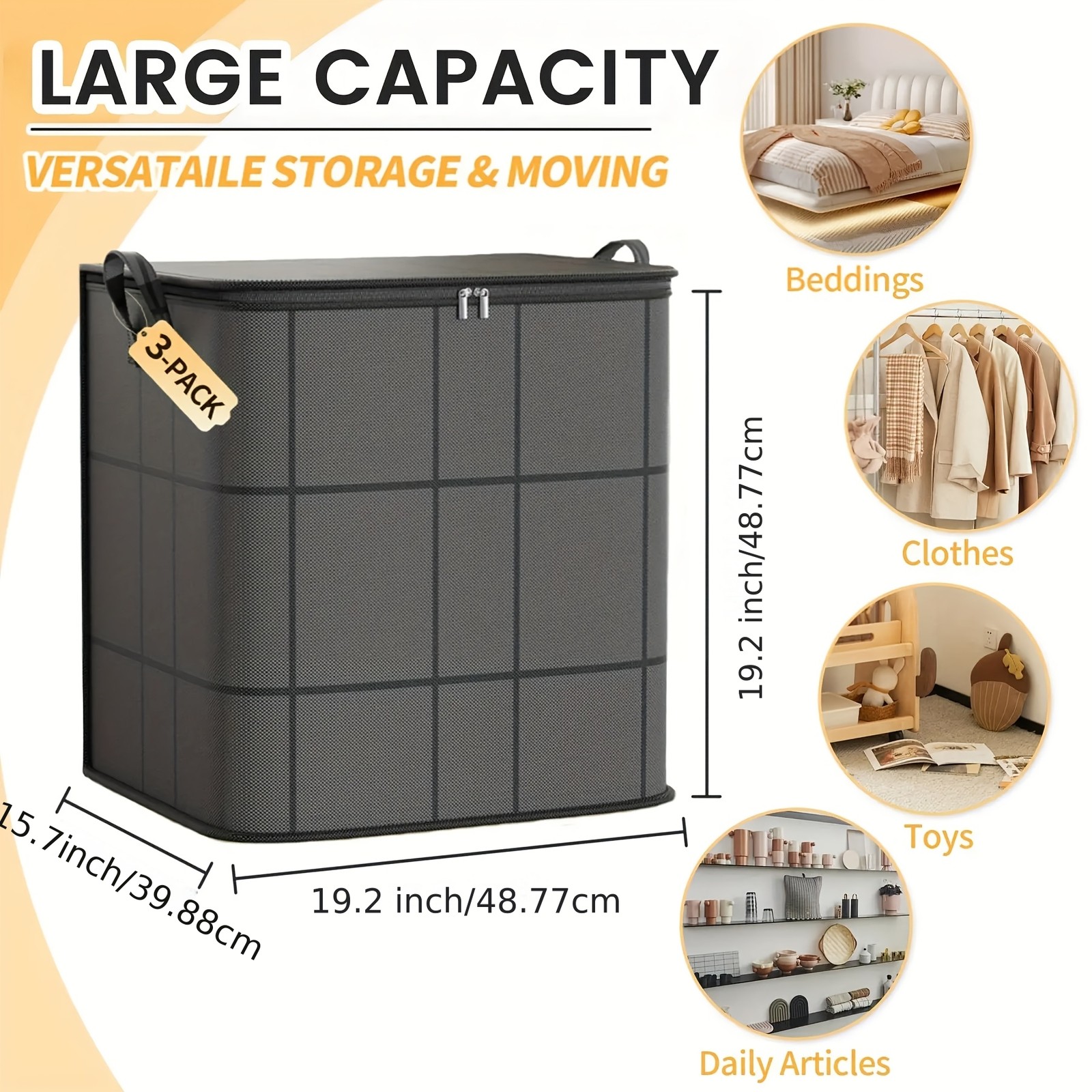 3 Pack Large Clothes Storage Bags Foldable Double Zipper Quilt Blanket Closet