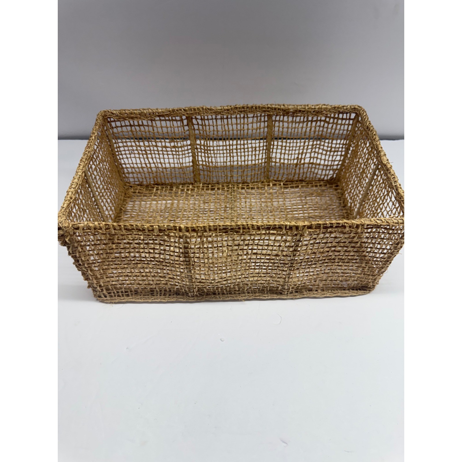 Natural Woven Seagrass Rectangular Storage Basket Open Weave Wire Frame Brown