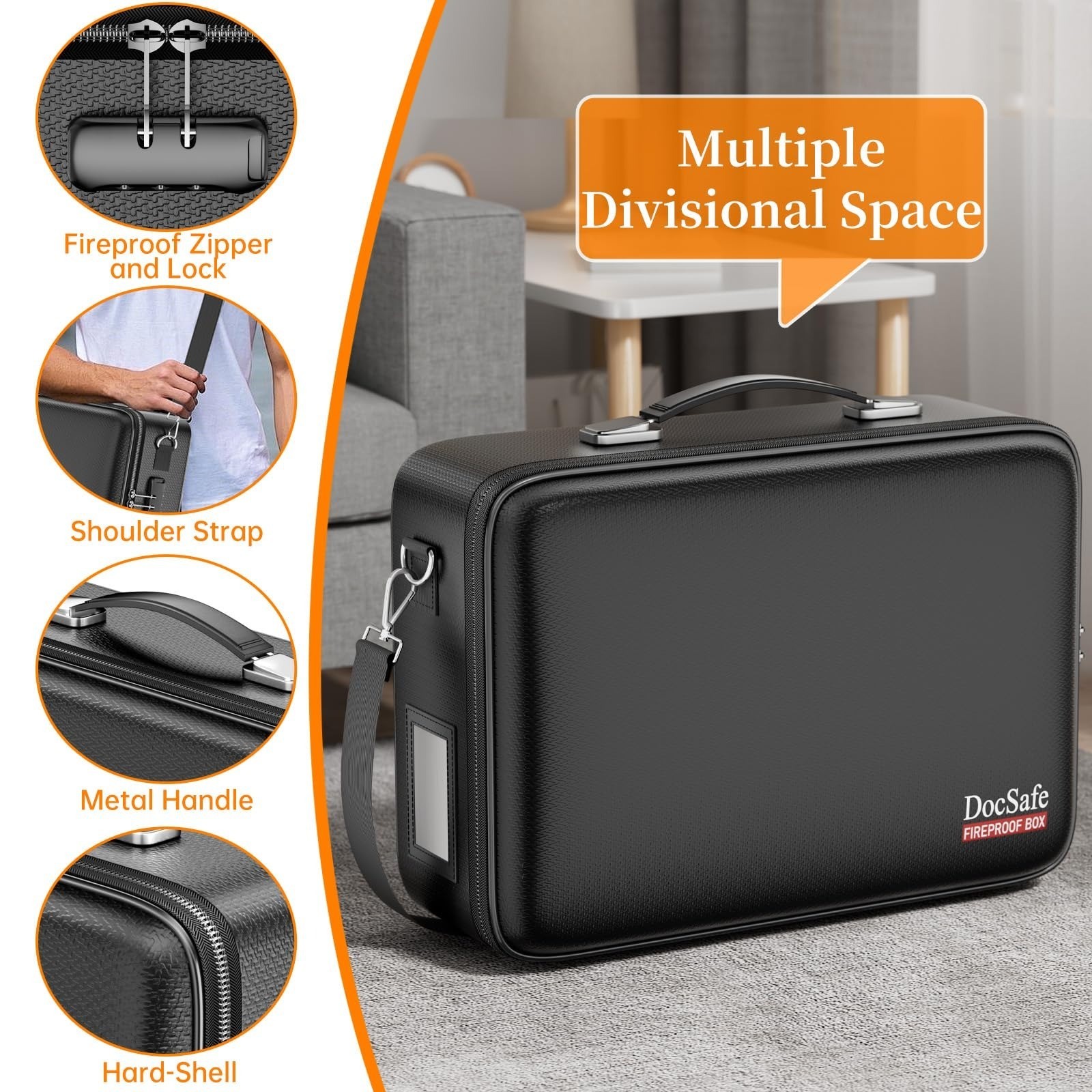 DocSafe Fireproof Document Box Locking File Organizer Black Hard Case